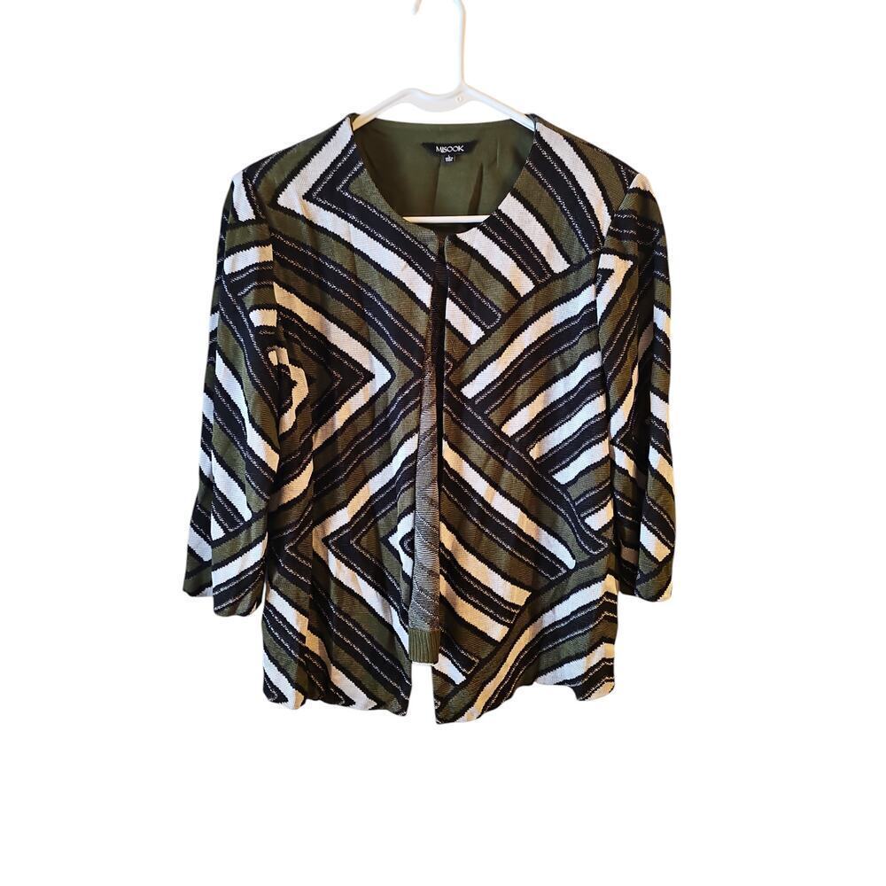 Misook cardigan blazer jacket sz large olive green black geometric print
